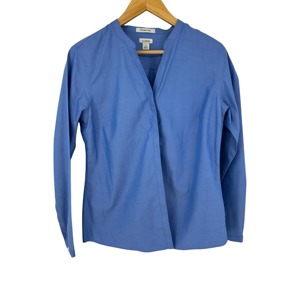 LL Bean Wrinkle Free‎ Shirt Womens Small Blue Split Neck Mandarin Collar Blouse